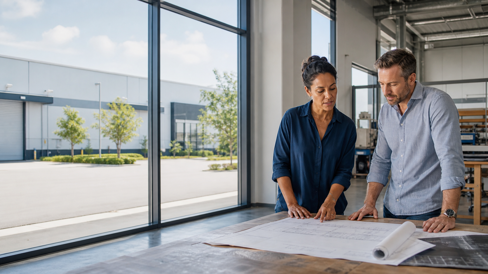 Business owners reviewing expansion plans in their commercial facility